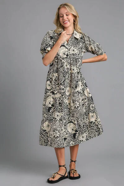 Umgee Full Size Printed Smocked Cuff Puff Sleeve Midi Dress Plus Size Dark color unclassified dresses Umgee Full Size Printed Smocked Cuff Puff Sleeve Midi Dress Plus Size Dark color unclassified dresses