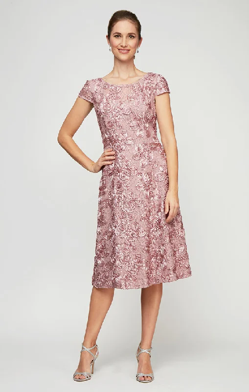 Rosette Sequin Lace Tea-Length Cocktail Dress with Cap Sleeves Polka dot unclassified dresses