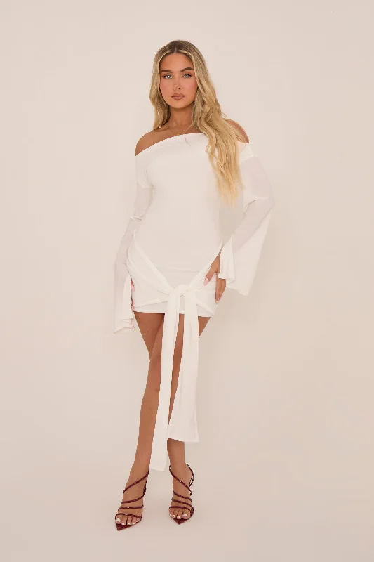 White Long Flared Sleeves Drape Detail Bodycon Mini Dress - Maya Sexy unclassified dresses