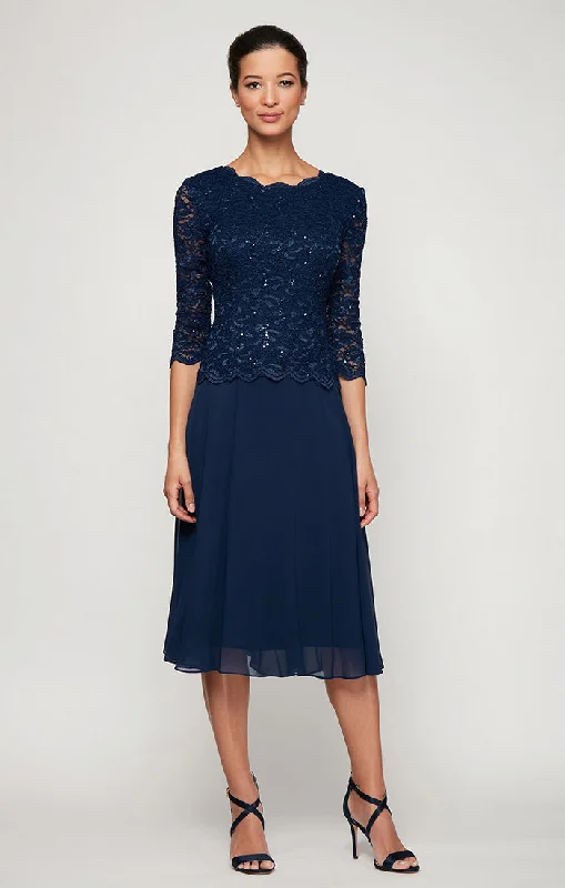 Tea-Length Dress with Sequin Lace Bodice & Chiffon Skirt Color block unclassified dresses