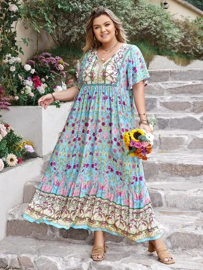 Plus Size Printed Tie Neck Flutter Sleeve Maxi Dress Knitted unclassified dresses