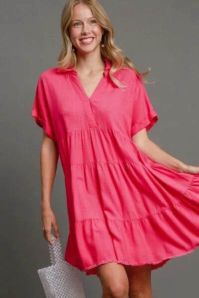 Umgee Full Size Raw Hem Folded Sleeve Tiered Dress Plus Size Pastel unclassified dresses Umgee Full Size Raw Hem Folded Sleeve Tiered Dress Plus Size Pastel unclassified dresses