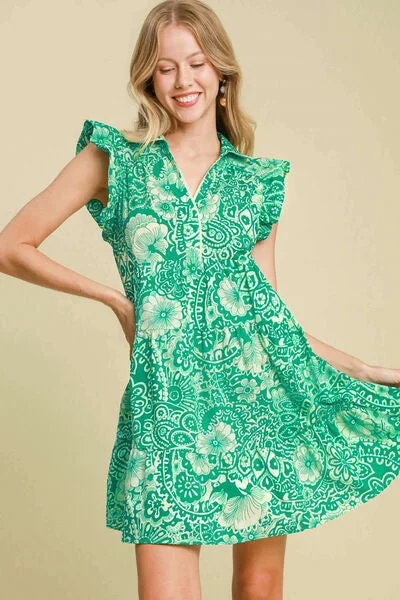 Umgee Full Size Printed Ruffle Cap Sleeve Babydoll Dress Plus Size Embroidered unclassified dresses Umgee Full Size Printed Ruffle Cap Sleeve Babydoll Dress Plus Size Embroidered unclassified dresses