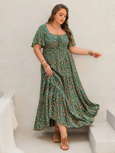 Plus Size Printed Short Sleeve Tiered Maxi Dress Tulle unclassified dresses