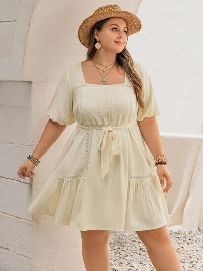 Plus Size Lace Detail Square Neck Puff Sleeve Mini Dress Striped unclassified dresses