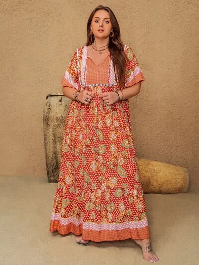 Plus Size Printed Tie Neck Flutter Sleeve Maxi Dress Floral unclassified dresses