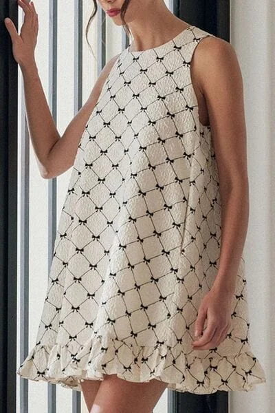 Ruffled Hem Bow Print Sleeveless Mini Dress Knitted unclassified dresses