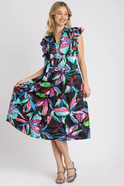 Umgee Full Size Leaf Print Double Layered Ruffle Sleeve Tiered Midi Dress Plus Size Graduation unclassified dresses Umgee Full Size Leaf Print Double Layered Ruffle Sleeve Tiered Midi Dress Plus Size Graduation unclassified dresses