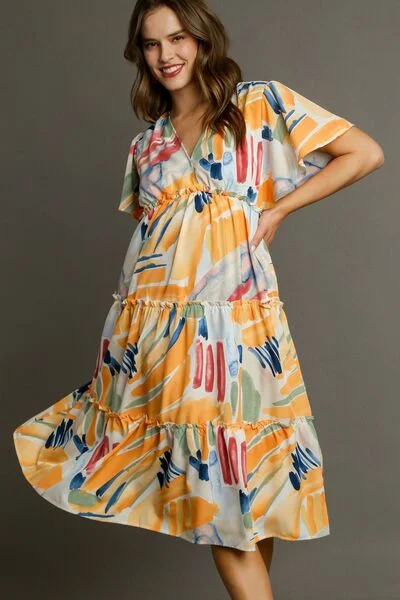 Umgee Full Size Abstract Print Flutter Sleeve Frill Tiered Midi Dress Plus Size Metallic unclassified dresses Umgee Full Size Abstract Print Flutter Sleeve Frill Tiered Midi Dress Plus Size Metallic unclassified dresses