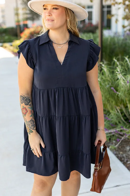 Navy Blue Collared V Neck Flutter Sleeve Tiered Plus Size Dress Printed unclassified dresses Navy Blue Collared V Neck Flutter Sleeve Tiered Plus Size Dress Printed unclassified dresses