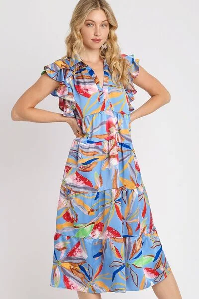 Umgee Full Size Leaf Print Double Layered Ruffle Sleeve Tiered Midi Dress Plus Size Stretchy unclassified dresses Umgee Full Size Leaf Print Double Layered Ruffle Sleeve Tiered Midi Dress Plus Size Stretchy unclassified dresses