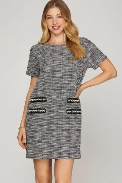 She + Sky Full Size Short Sleeve Pearl Studded Trim Knit Tweed Dress Plus Size Beach unclassified dresses She + Sky Full Size Short Sleeve Pearl Studded Trim Knit Tweed Dress Plus Size Beach unclassified dresses