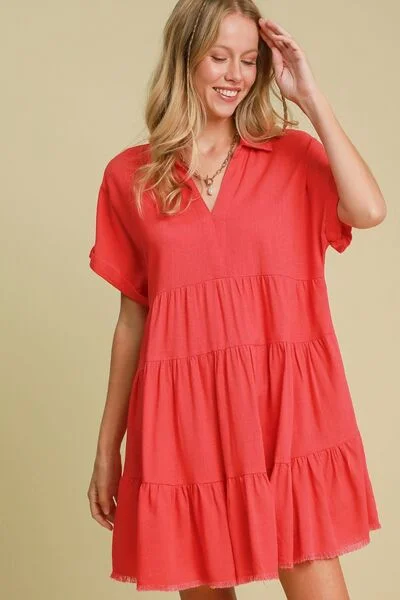 Umgee Full Size Raw Hem Folded Sleeve Tiered Dress Plus Size Earthy tone unclassified dresses Umgee Full Size Raw Hem Folded Sleeve Tiered Dress Plus Size Earthy tone unclassified dresses