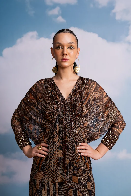 BROWN GEOMETRIC KIMONO DRESS WITH HANDMADE TASSELS AND HAND EMBROIDERED CUFFS Stylish unclassified dresses