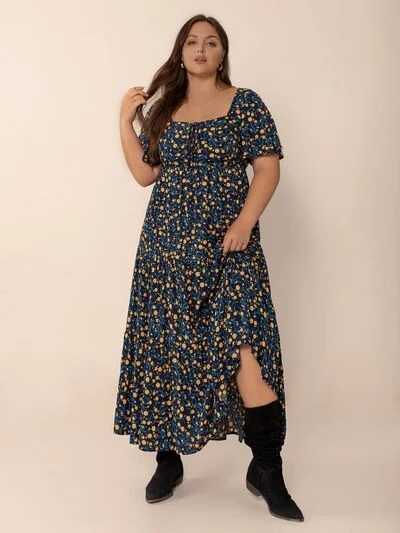 Plus Size Printed Short Sleeve Slit Tiered Maxi Dress Sequin unclassified dresses