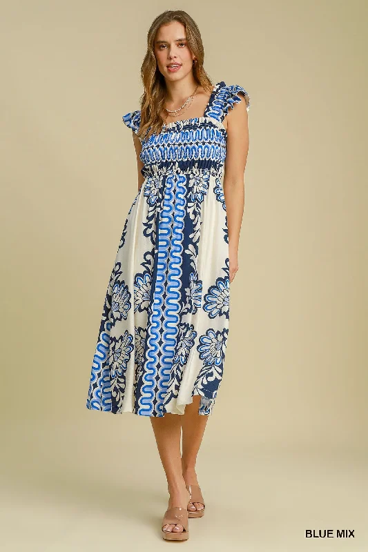 Blue Placement Print A Line Sundress Trendy unclassified dresses