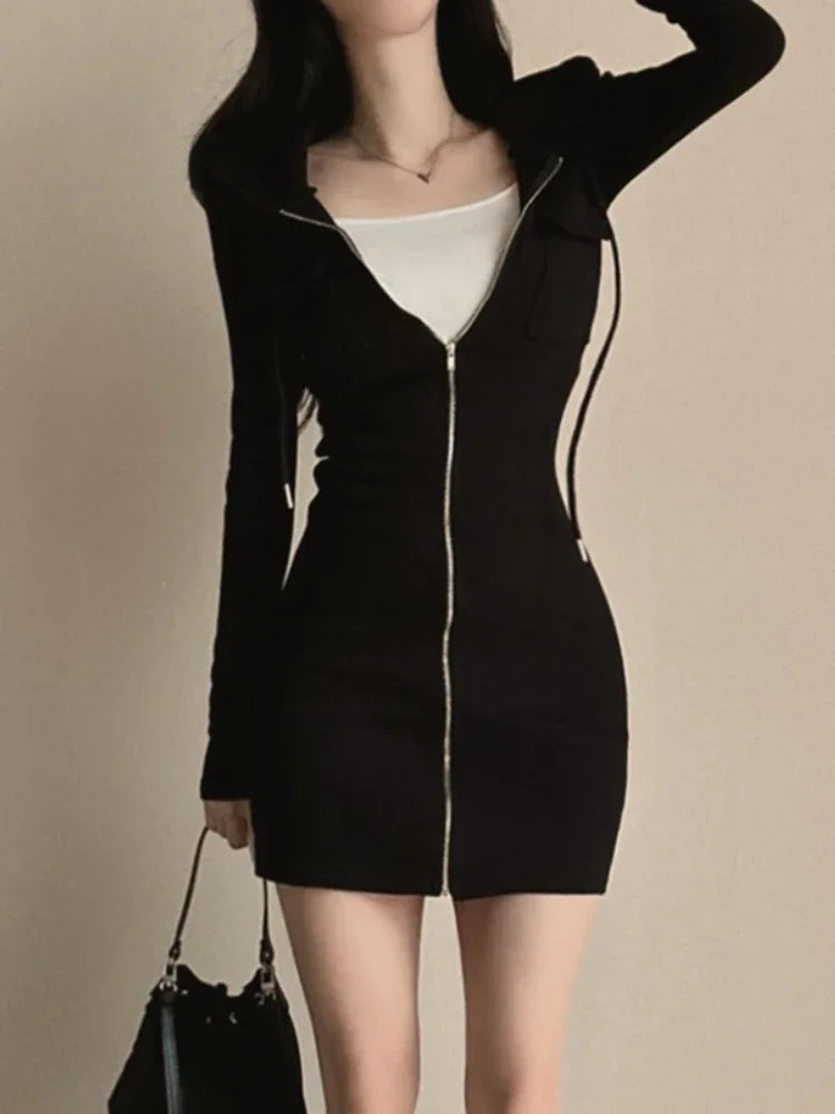 LIZAKOSHT  -  New Vintage Aesthetic Elegant Hooded Dress Women Street Pastel Fairycore Grunge Zip-up Pockets Long Sleeve Bodycon Dresses Short unclassified dresses