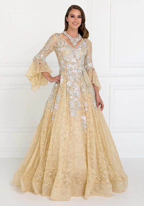 Embroidered Lace Ballgown with Bell Sleeves by Elizabeth K GL1592