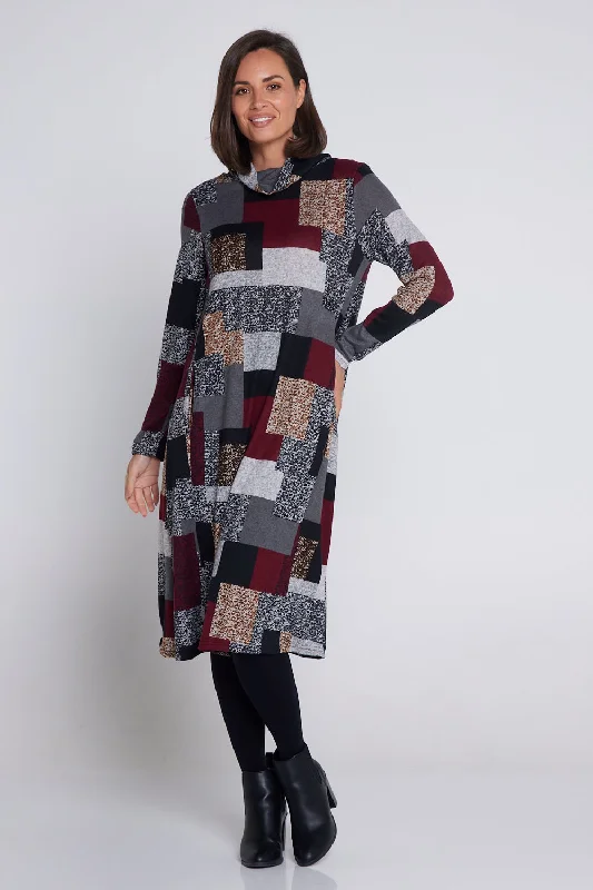 Astrid Tunic Dress - Burgundy/Grey/Black