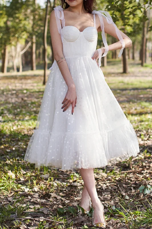 Bow Straps Tulle Sweetheart Midi Prom Dress