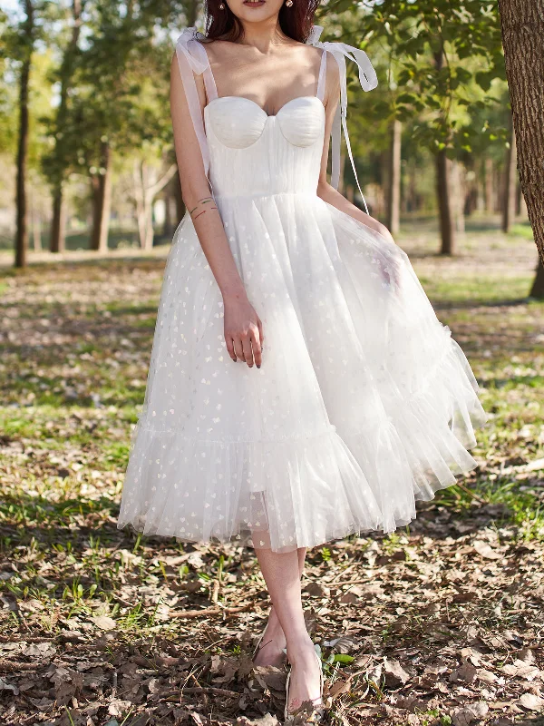 Bow Straps Tulle Sweetheart Midi Prom Dress