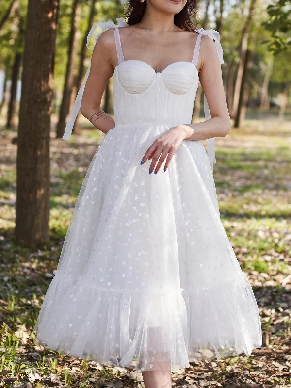 Bow Straps Tulle Sweetheart Midi Prom Dress