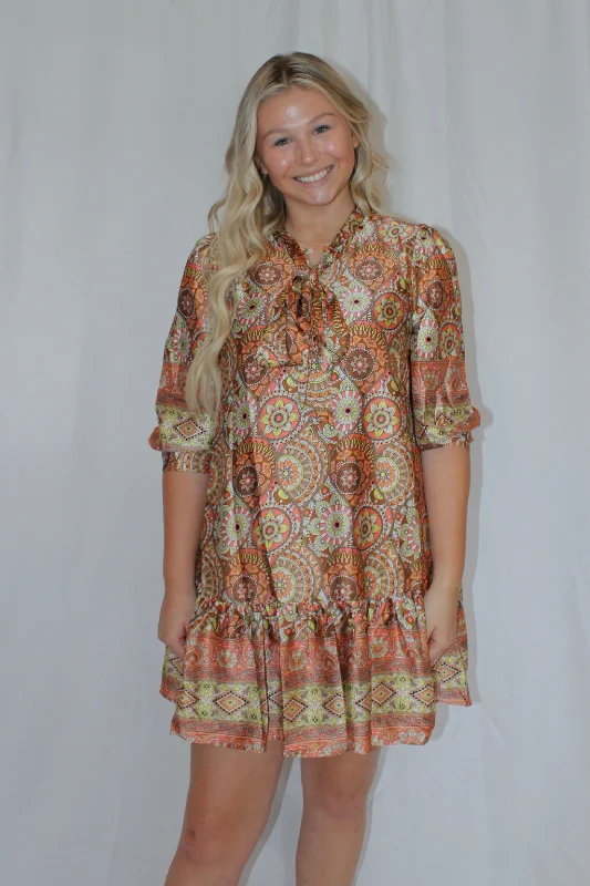 Brown Aztec Printed Collared Tie Neck Dress