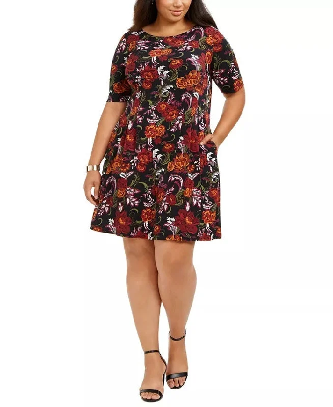 Connected Apparel Women's Floral Short Sleeve Jewel Neck Above The Knee Fit Flare Dress Purple Size Petite Small