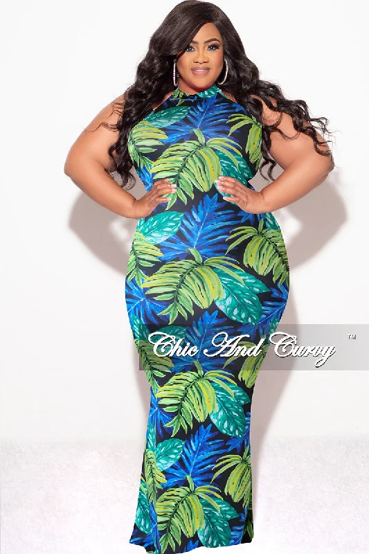 Final Sale Plus Size Halter Neck Sleeveless Mermaid Dress in Blue and Green Leaf Print