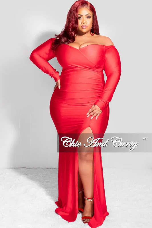 Available Online Only - Final Sale Plus Size Off the Shoulder Gown with Slide Slit in Red