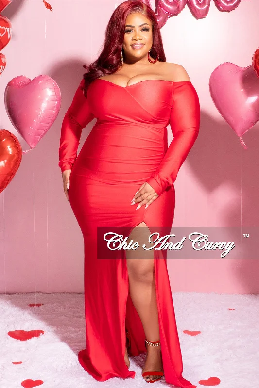 Available Online Only - Final Sale Plus Size Off the Shoulder Gown with Slide Slit in Red