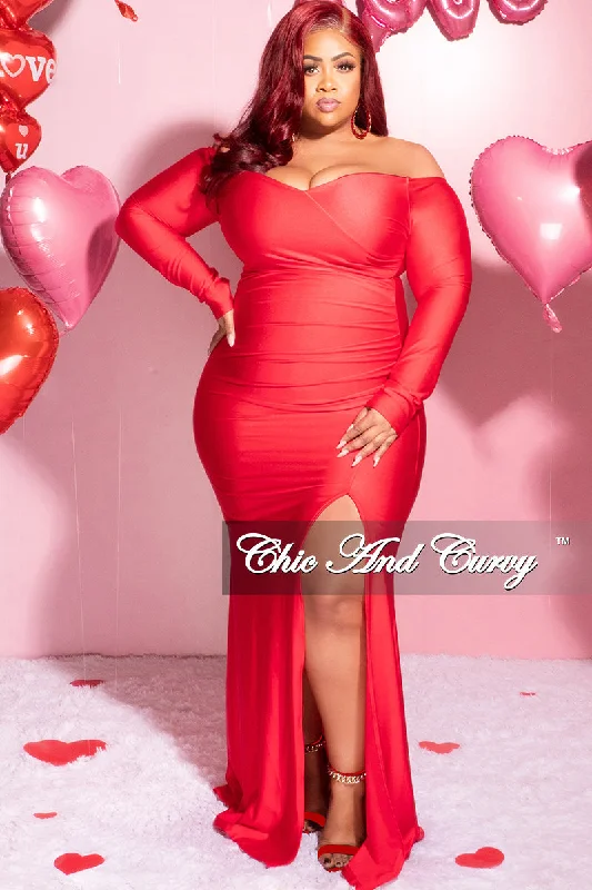 Available Online Only - Final Sale Plus Size Off the Shoulder Gown with Slide Slit in Red