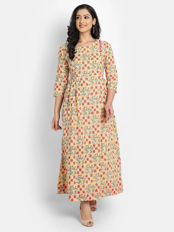 COTTON FLORAL PRINTED LONG DRESS WITH SEQUENCE AND BUTTON WORK