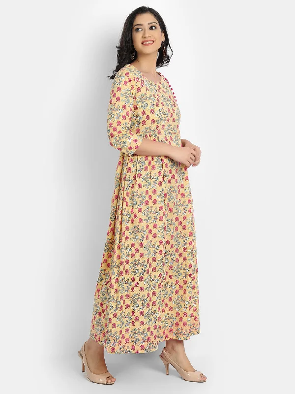 COTTON FLORAL PRINTED LONG DRESS WITH SEQUENCE AND BUTTON WORK