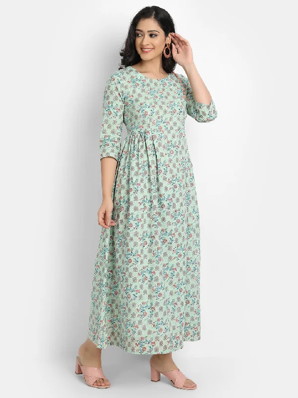 COTTON FLORAL PRINTED LONG DRESS WITH SEQUENCE AND BUTTON WORK