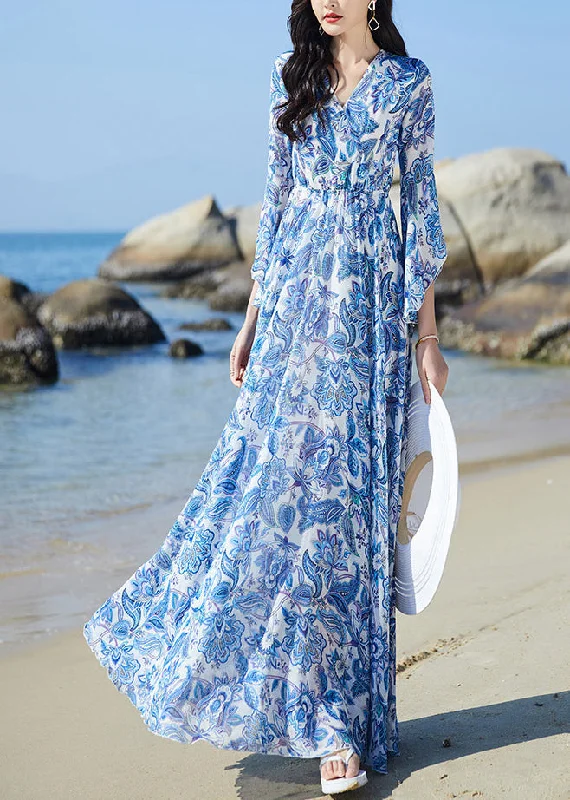 Momentlover Elegant Blue V Neck Print Elastic Waist Chiffon Vacation Maxi Dresses Flare Sleeve LY1697