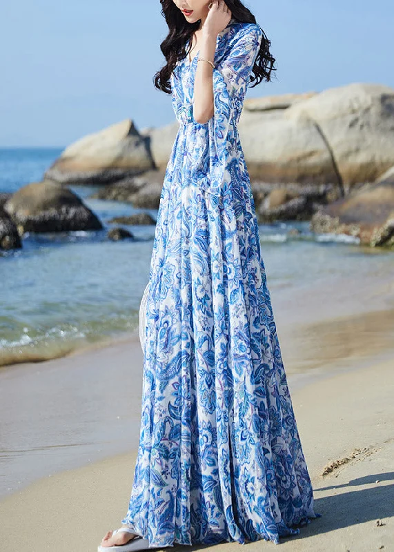 Momentlover Elegant Blue V Neck Print Elastic Waist Chiffon Vacation Maxi Dresses Flare Sleeve LY1697