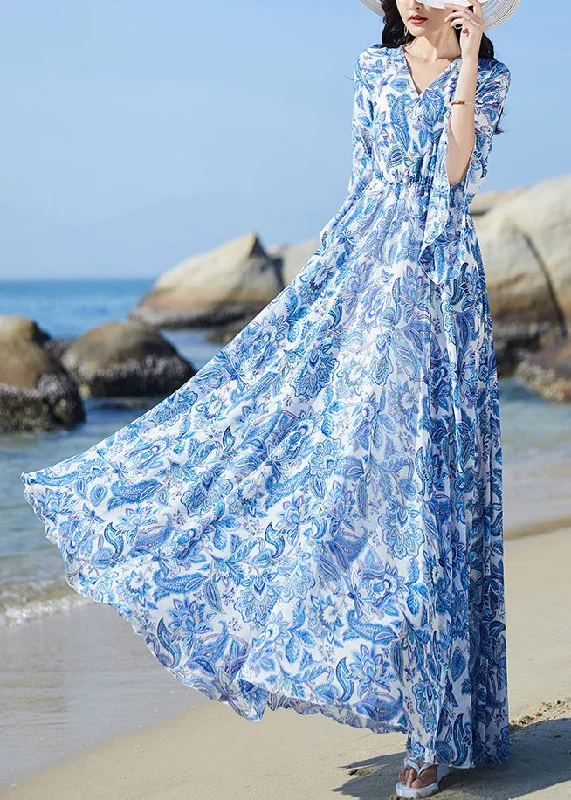 Momentlover Elegant Blue V Neck Print Elastic Waist Chiffon Vacation Maxi Dresses Flare Sleeve LY1697