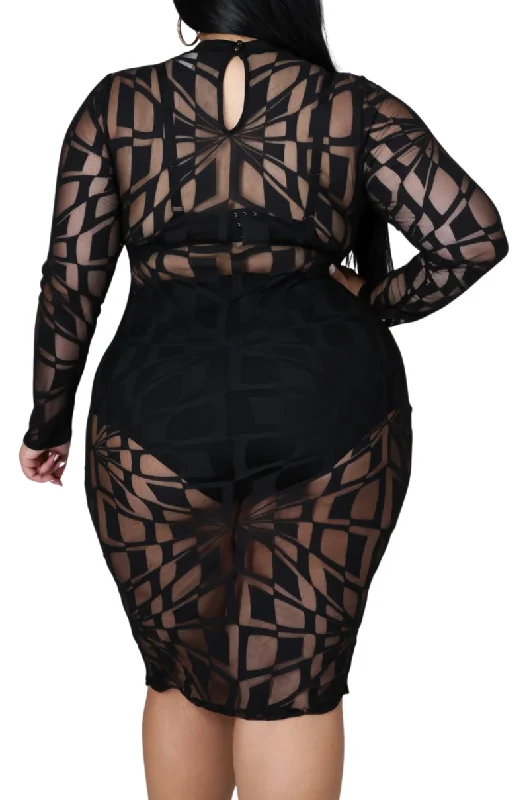 Final Sale Plus Size Sheer Square Print Mesh Bodycon Dress in Black