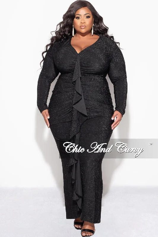 Final Sale Plus Size V-Neck Gown with Ruched Center & Ruffle in Black Glitter Lurex Fabric