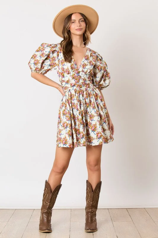 FLORAL AND BOW PUFF SLEEVE DRESS