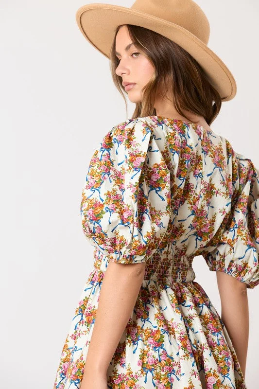 FLORAL AND BOW PUFF SLEEVE DRESS