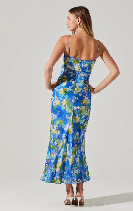 Florianne Satin Maxi Dress - Blue Yellow Abstract