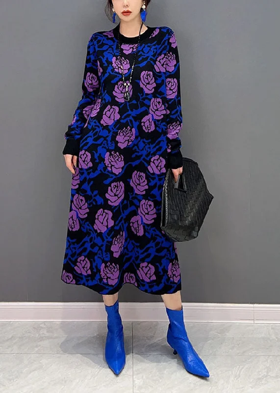 Momentlover French Purple Rose Print Slim Fit Knit Long Dress Spring LY1666