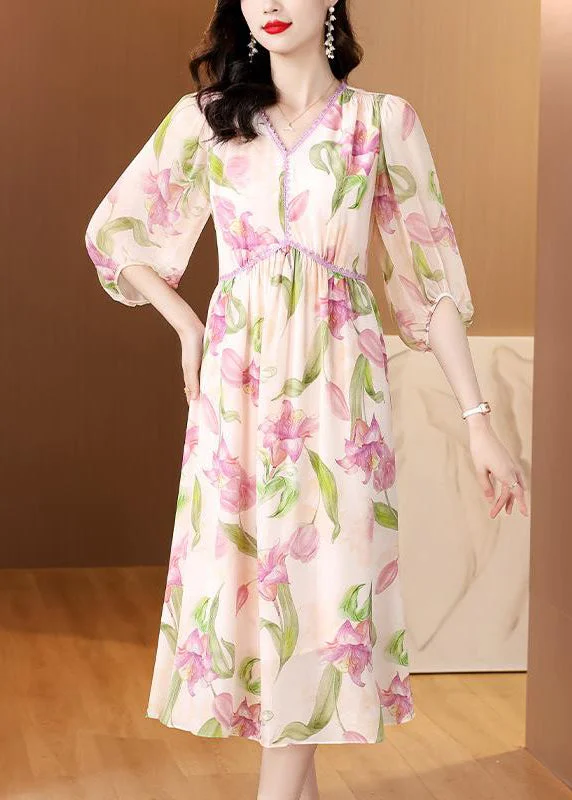 French V Neck Print Silk Dresses Lantern Sleeve BB013