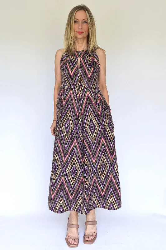 Geometric Stripe Sleeveless Keyhole Maxi Dress with Pockets