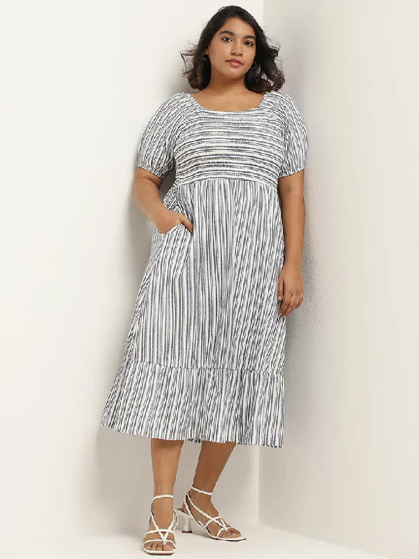 Gia White Striped Cotton A-Line Dress