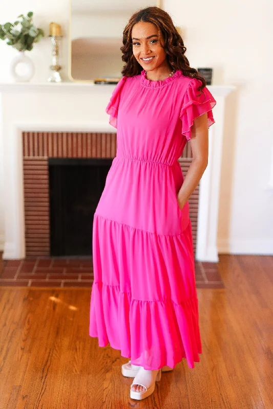 Hot Pink Mock Neck Tiered Chiffon Maxi Dress