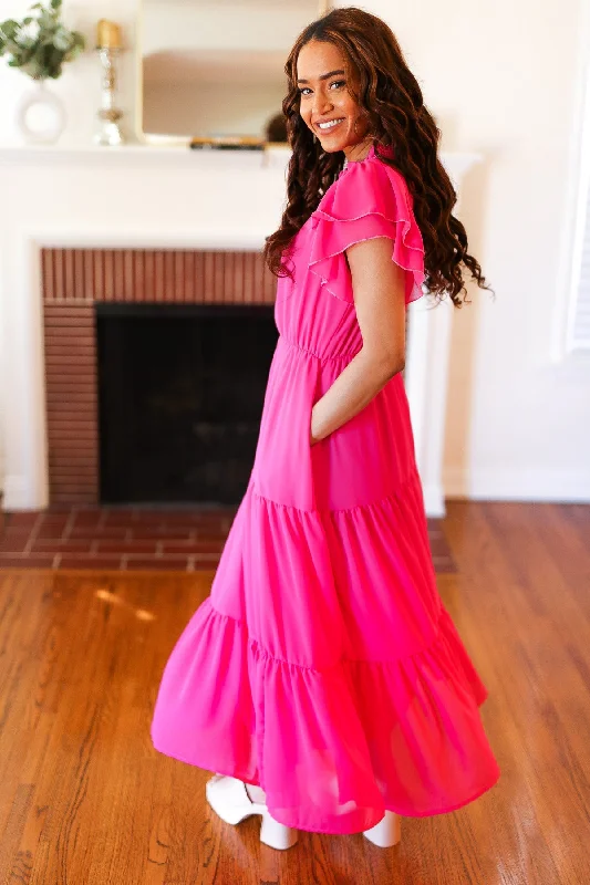 Hot Pink Mock Neck Tiered Chiffon Maxi Dress