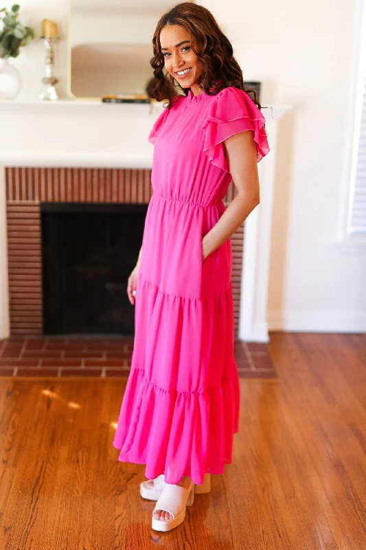 Hot Pink Mock Neck Tiered Chiffon Maxi Dress